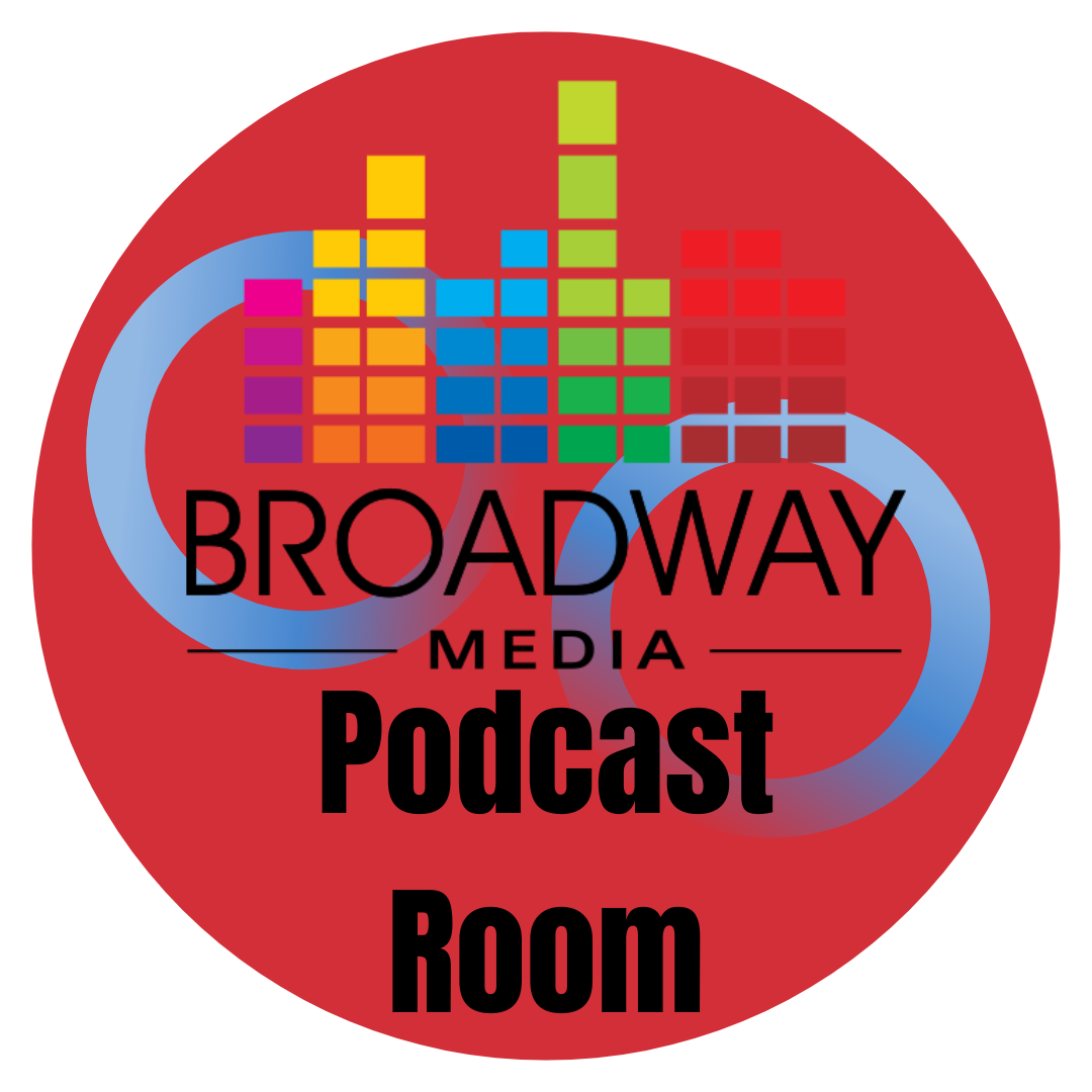 Broadway Media Podcast Room logo on a red circle, with multicolored equalizer bars and a blue curved stripe behind the bold text.